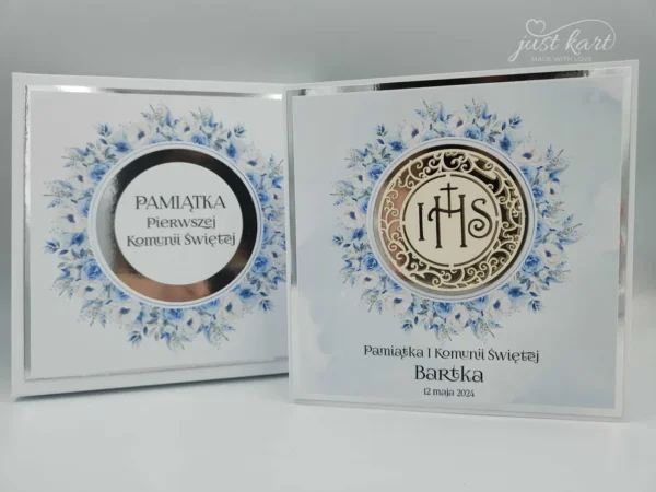 Kartka na Komunię w pudełku ręcznie robiona, personalizowana.